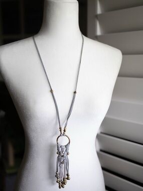 Noonday Collection Gray Macramé Tassel Necklace with Gold Beads